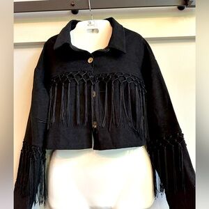 - Fringe trimmed cropped button up jacket Black in color size Medium